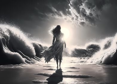 Beautiful woman angry sea