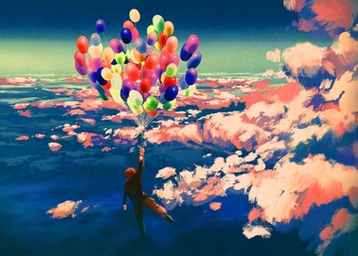 Man flying with balloons