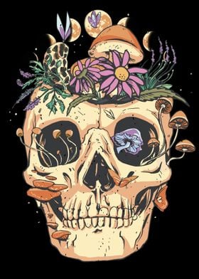 Skull wi flowers mushrooms