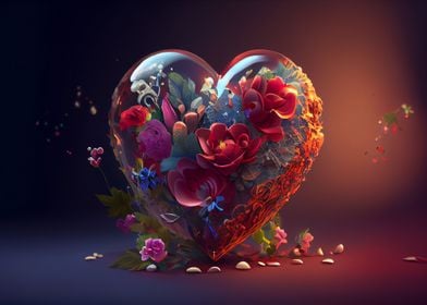 3d red hearts and flowers