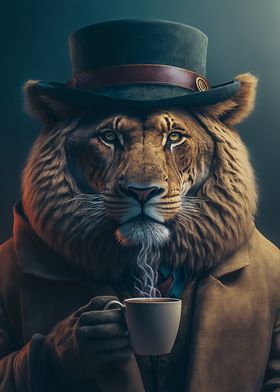 Lion with Coffee Cup