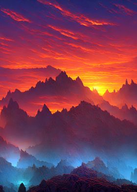 Sunset on foggy mountains 