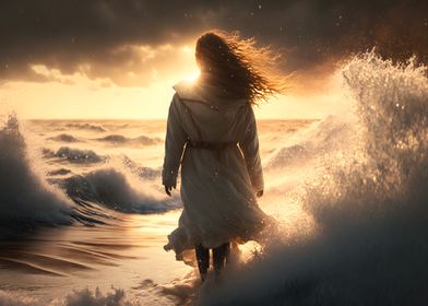 Woman in angry sea