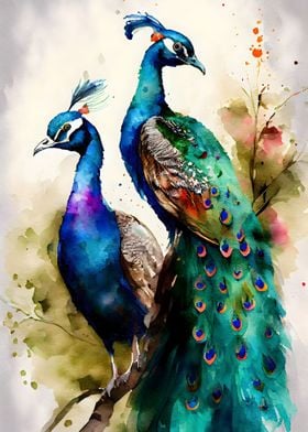 Peacock Pair watercolor