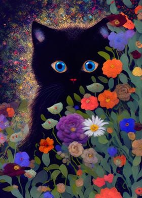 Black cat in the flowers