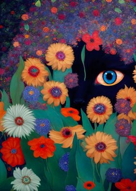 Black Cat in the Flowers