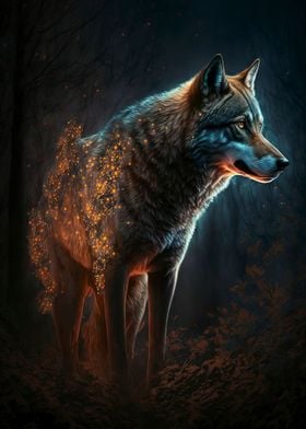 Wolf in the night forest