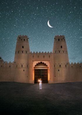 Desert fort at nighttime