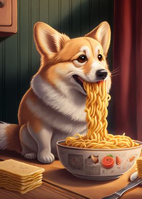 Corgi Dog Eating Ramen