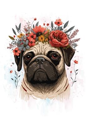 Floral Pug Dog Flower Art