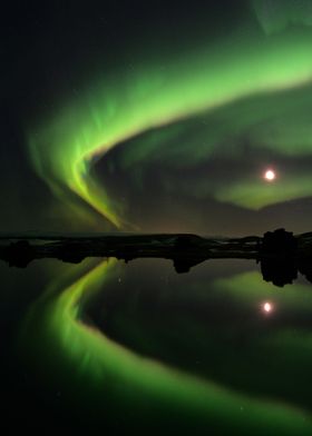 Northern Lights and Moon