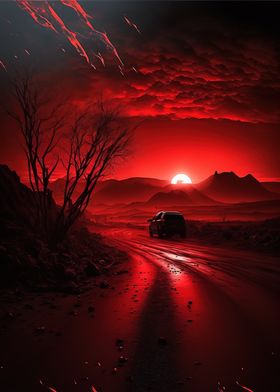 nature red sky and car