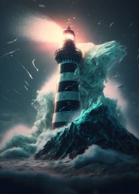 Lighthouse hit by wave