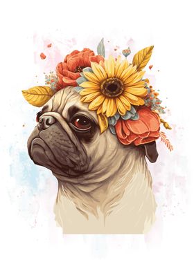 Flower Crown Pug Dog Art