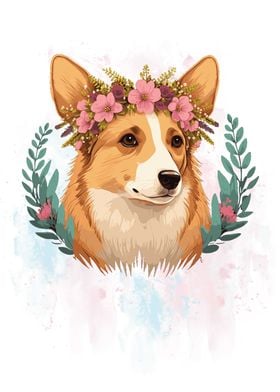 Flower Corgi Watercolor