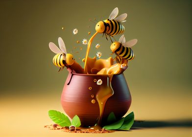 Bees and cup with honey