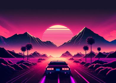 Neon sunset car driving