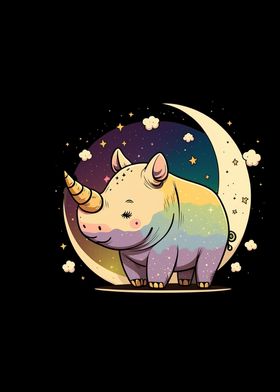 Kawaii Rhino Moon And Star