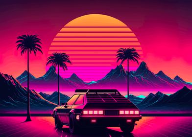 retro neon car sunset