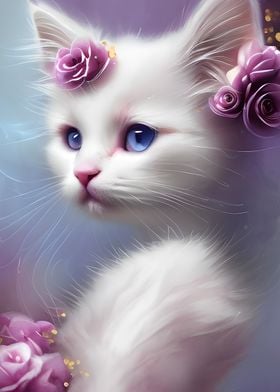 White Cat with Flowers