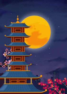 Japanese Temple Night Moon