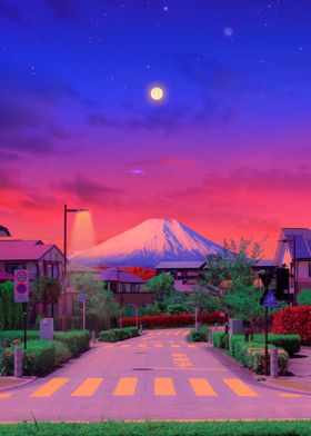 Yellow fuji moon at night 