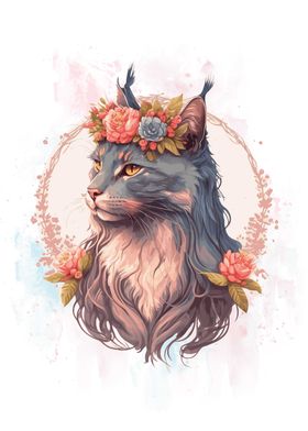 Floral Maine Coon Cat Art