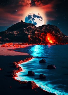 Volcano beach at moonlight