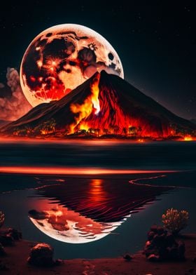 Volcano red moon at night