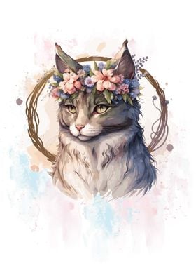 Floral Manx Cat Painting