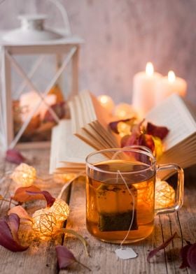 Tea bag Book and candles 