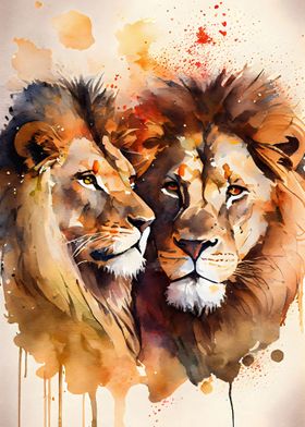 Lions Couple Watercolor