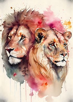 Lions Couple Watercolor