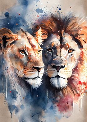 Lions Couple Watercolor