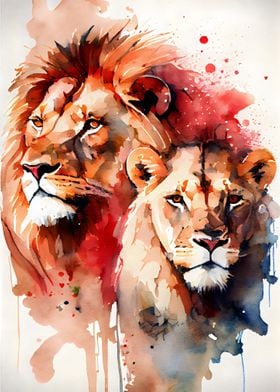 Lions Couple Watercolor