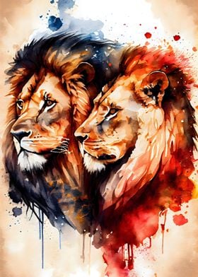 Lions Couple Watercolor