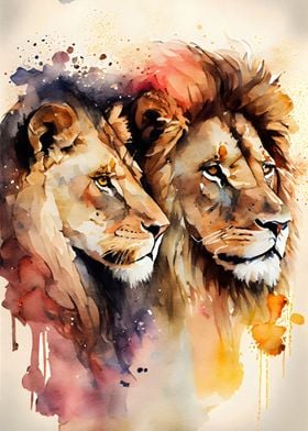 Lions Couple Watercolor