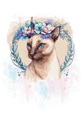 Cute Floral Siamese Cat