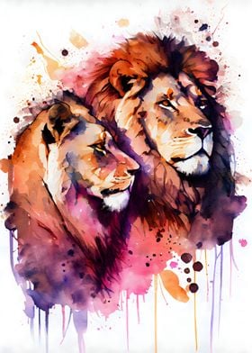 Lions Couple Watercolor