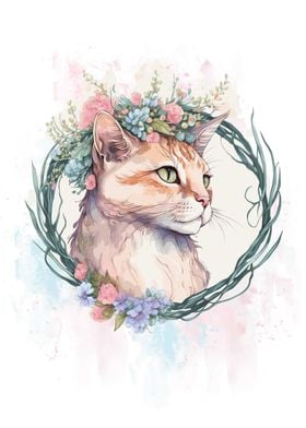 Watercolor Flower Manx Cat