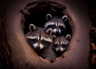 three raccoons in the tree