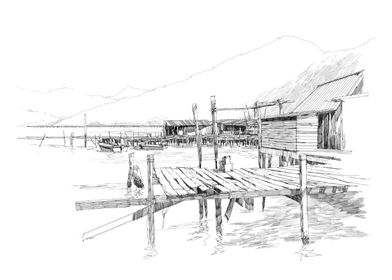 drawing old fishing villag
