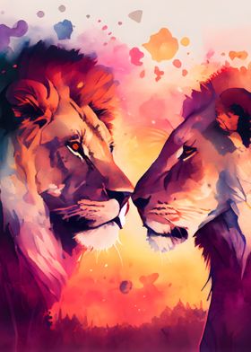 Lion Couple Watercolor