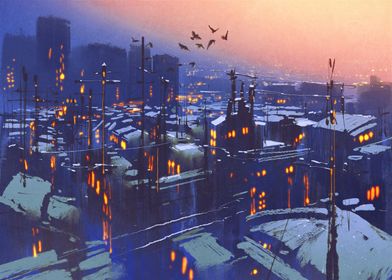 painting of city snowy