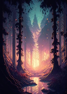 Sunset in forest