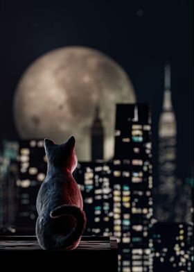 Cat and Moon in The Dark