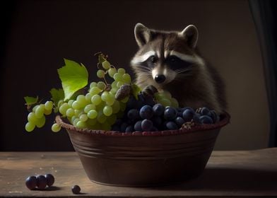 Raccoon eating grapes