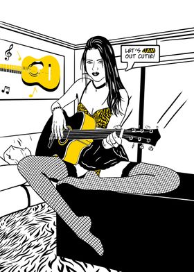 Comic girl playing guitar