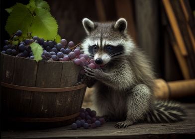 Raccoon eating grapes