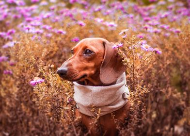 DOG IN FLOWER GARDEN